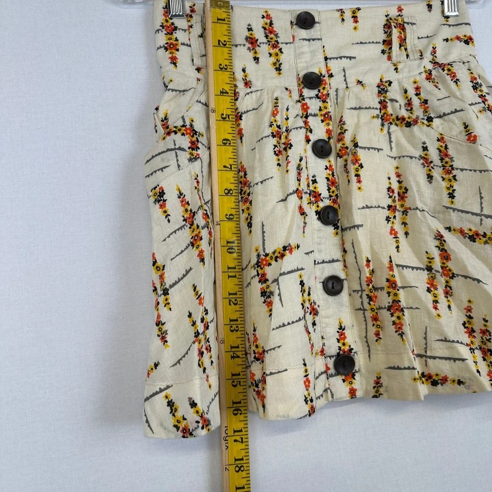 Free‎ People Floral Linen Cotton Button Front Mini Skirt Ivory Women's Size S